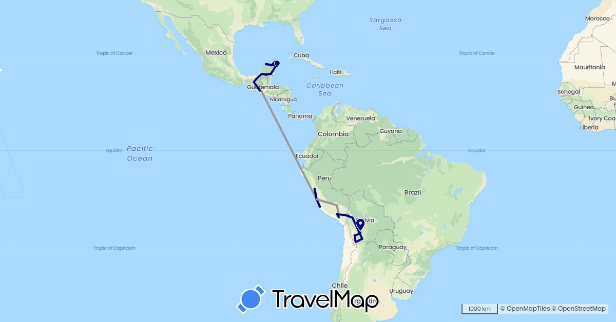 TravelMap itinerary: driving, plane in Bolivia, Guatemala, Mexico, Peru (North America, South America)